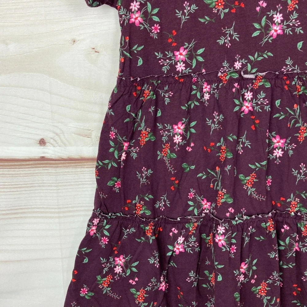 Old Navy Dress Girl XS Purple Cotton Floral Tier T-Shirt Short Sleeve Crew Neck
